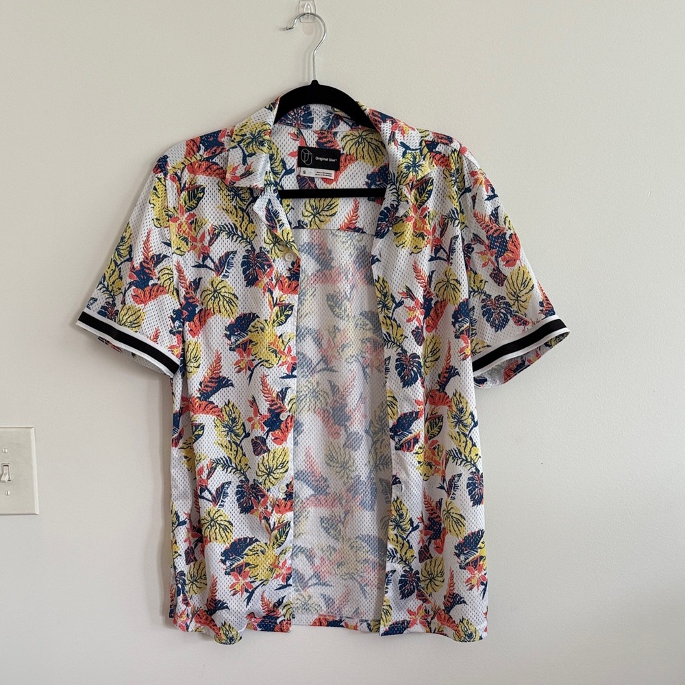 mesh printed button down